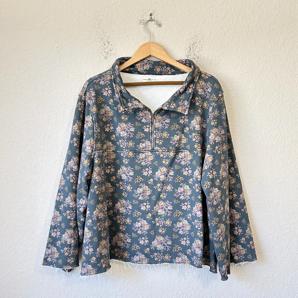 NATURAL LIFE Easy Does It Sweatshirt Blue Floral 1/2 Zip Pullover